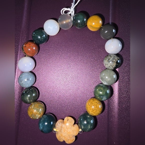 12mm Ocean Jasper With Pink Ocean Agate Flower Bracelet - Picture 1 of 5